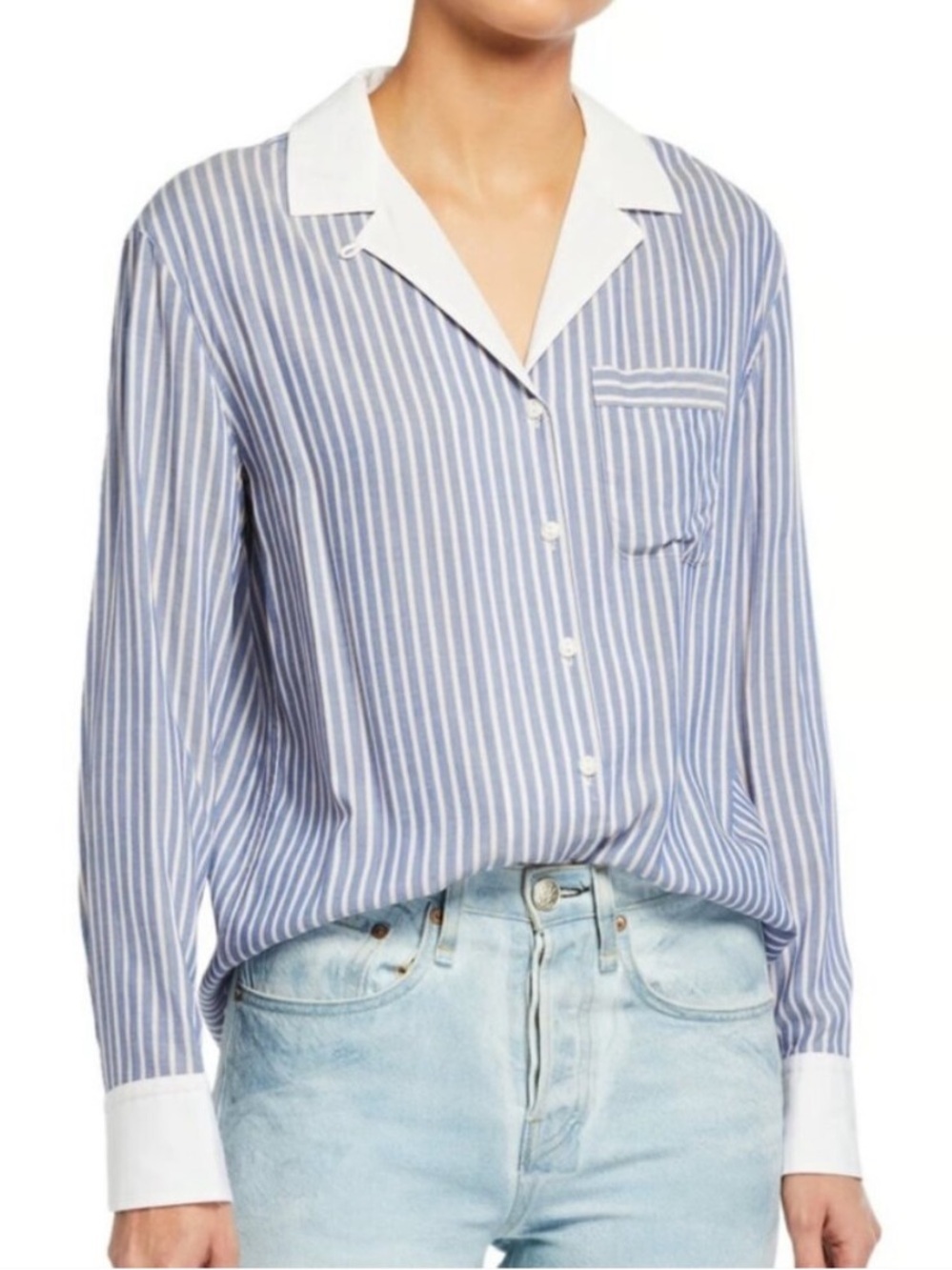Rag & Bone Amelia Blue and White Striped Long Sleeve Notched Collar Shirt - Picture 2 of 8